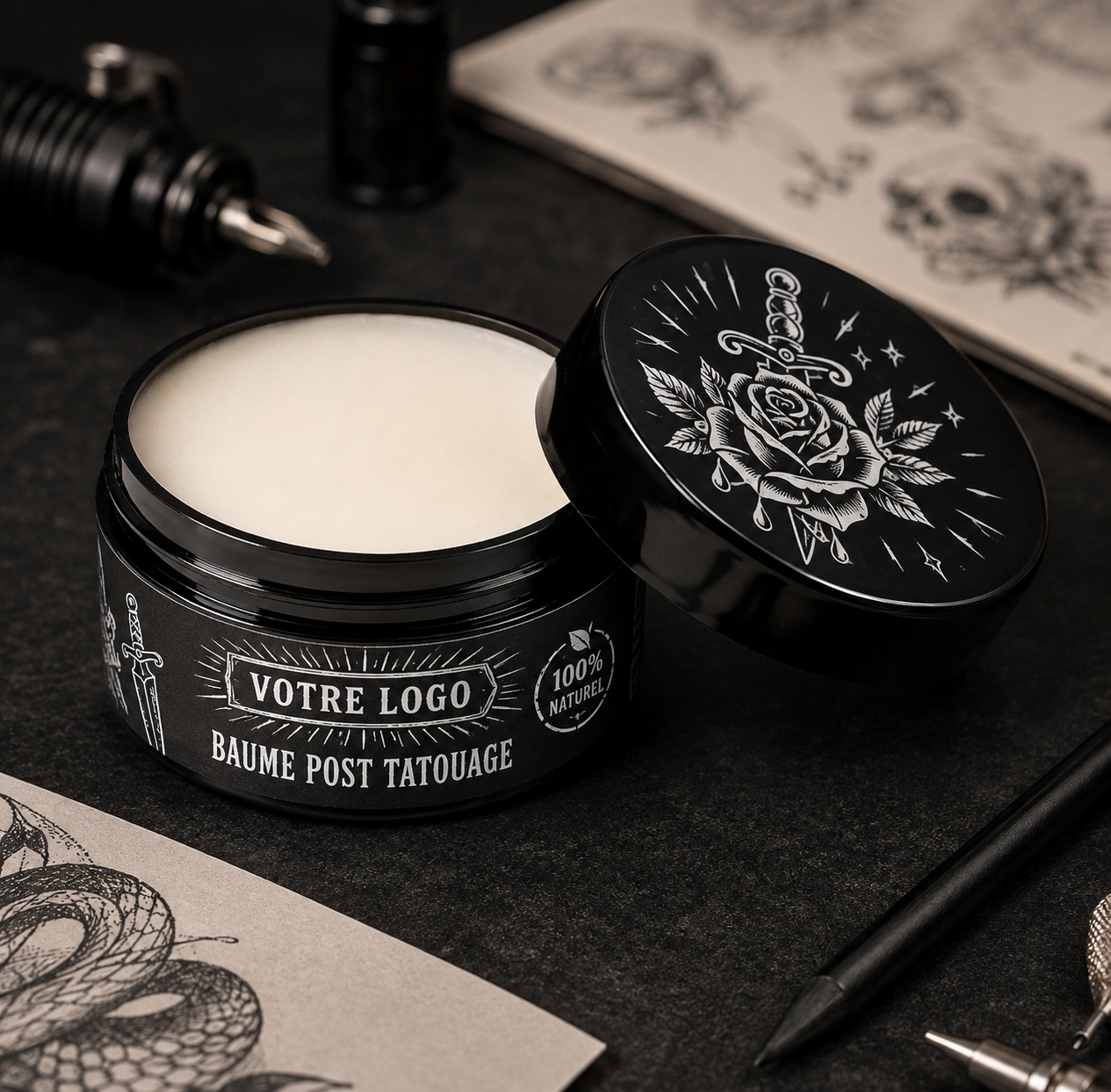 Pot noir de baume post-tatouage 50 ml, couvercle gravé, posé sur un plan de travail d'un Shop de tatouage